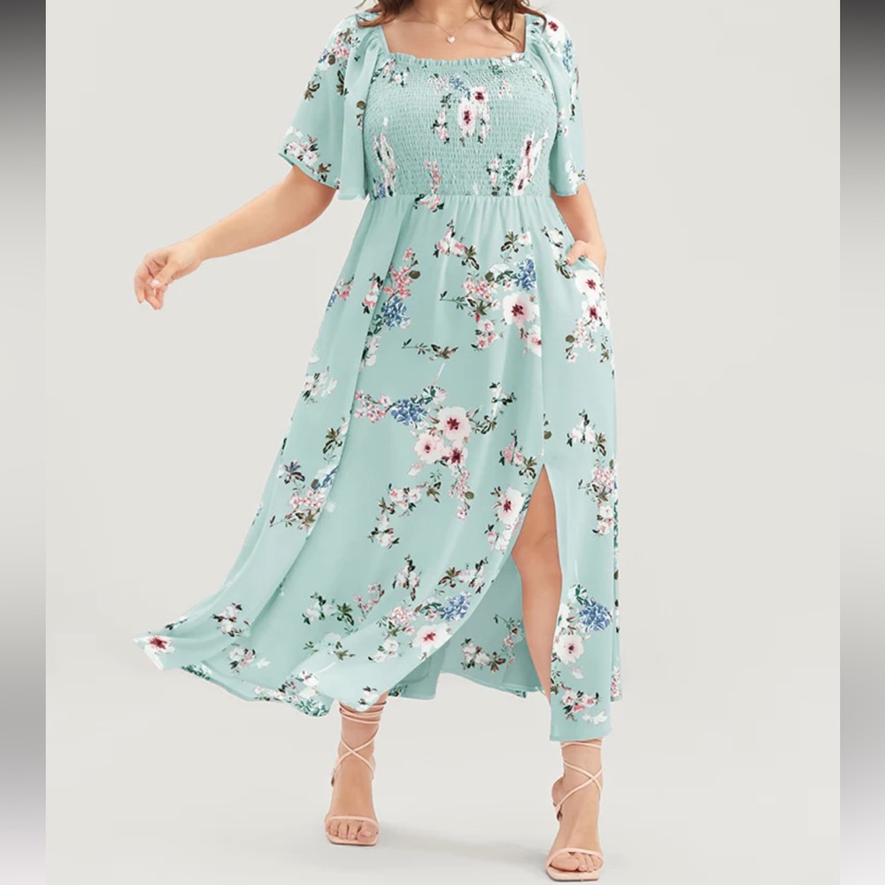 Floral Square Neck Ruffles Pocket Shirred Split Dress